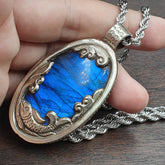 BIG MEN'S VINTAGE Natural Blue Fire Labradorite Mix SILVER Pendant Necklace